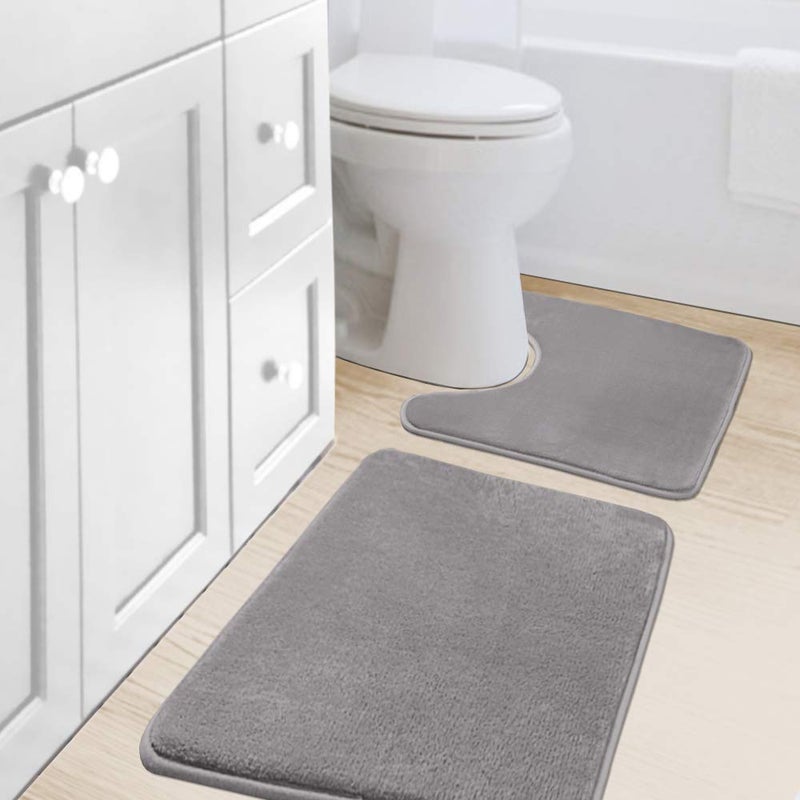 H.VERSAILTEX Bath Mat Memory Foam Set Bathroom Rug Set Flannel Velvety Bath Mat Luxury Extra Soft and Absorbent Non Slip Rugs for Bathroom/Bedroom Washable(Curved Set 20"x 32" Plus 20"x 20"U, Grey) - Image 1